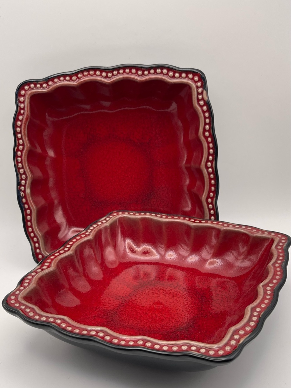 Roscher Hobnail Red & Black Square Stoneware Bowl  7.5” | Set of 2
